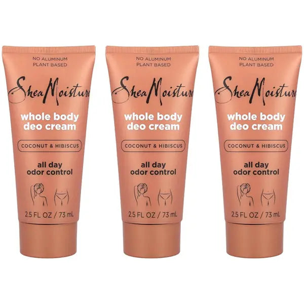 Three upright tubes of Shea Moisture’s 3 Pack - COCONUT & HIBISCUS Cream Deodorant (2.5oz each) are displayed against a white background.
